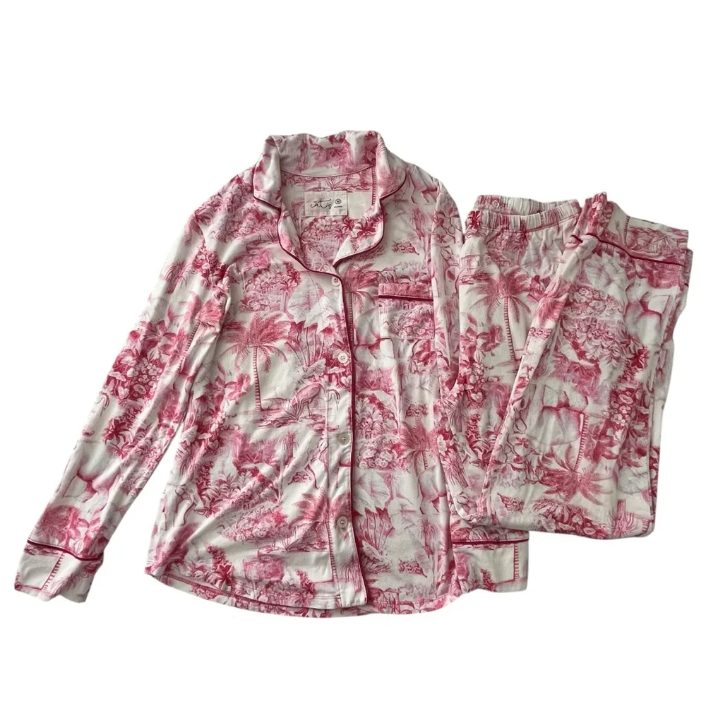 The Cat’s Pajamas Palm Grove Toile Pink Pima Knit Pajama Set Size M Vacationcore - Picture 2 of 15